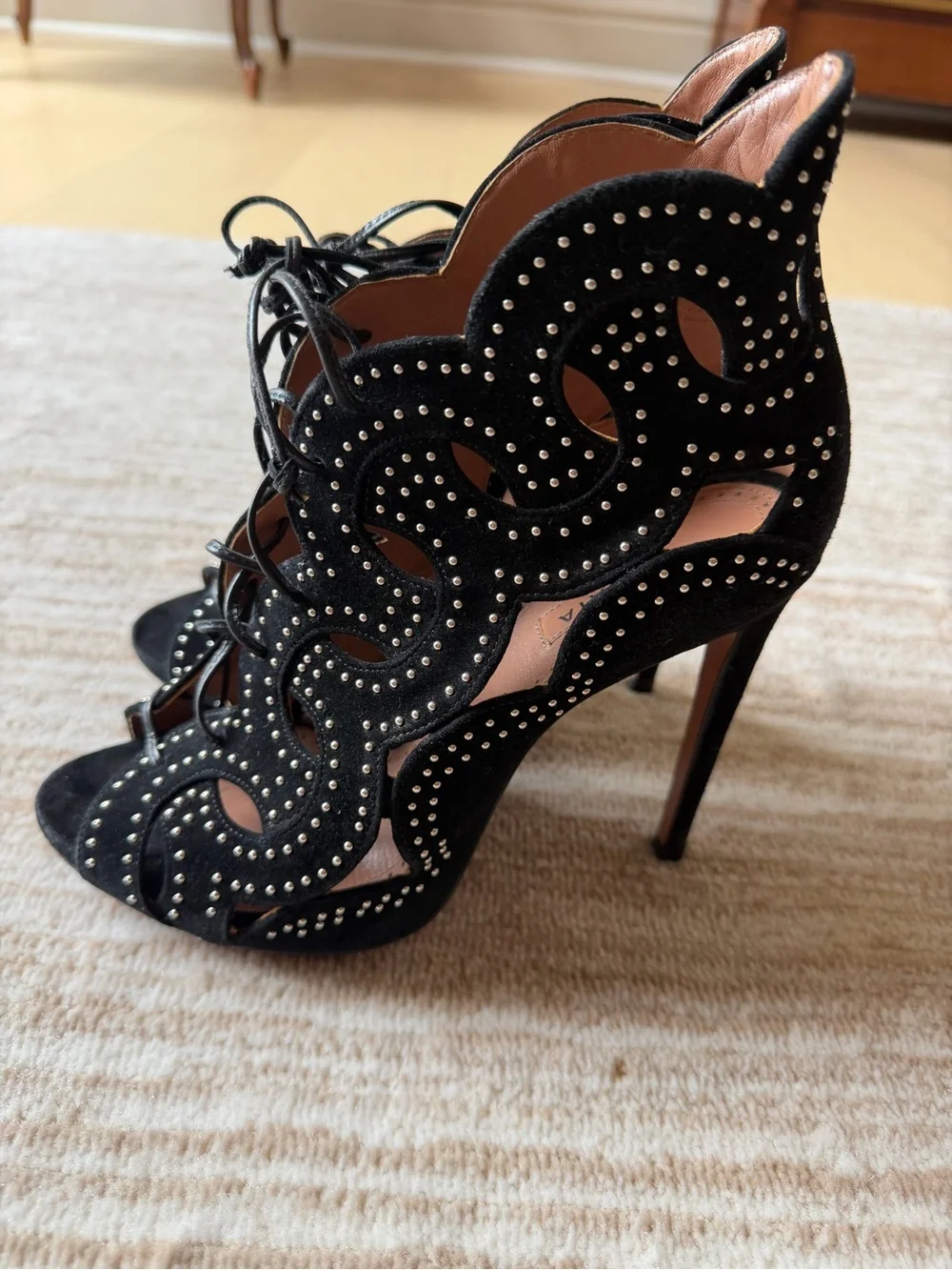 ALAIA Black Studded Lace-Up Peep Toe Boots. Size 38